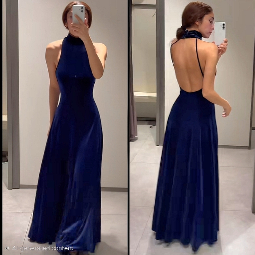 Zara VELVET LONG OPEN BACK DRESS NAVY SIZE XXL